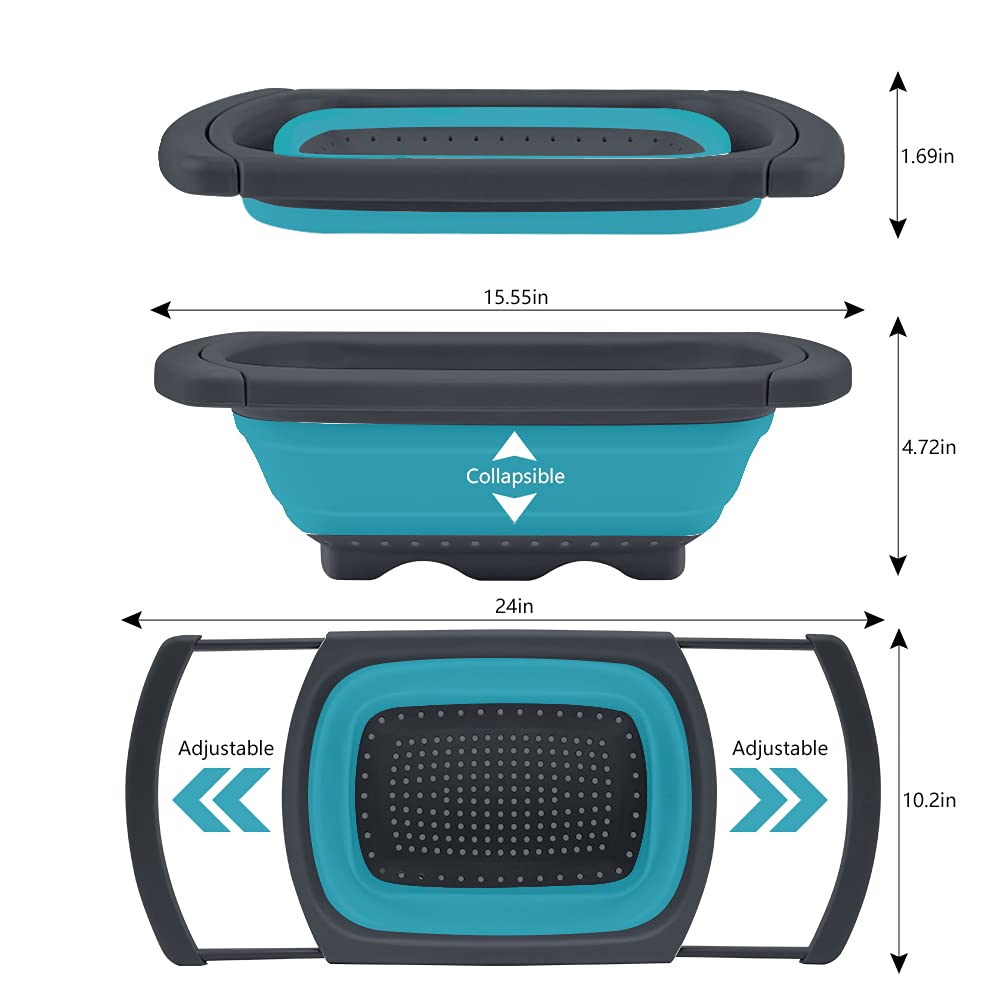 QiMH Collapsible Colanders Set of 3, 4 Quart Colander, 4 Quart Folding Basin, and 6 Quart(1.5 gal) Over the Sink Extendable Colander, Space-saving Silicone Kitchen Foldable Food Strainer
