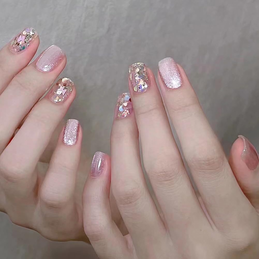 WAFOLOZE Press On Nails Short Square Fake Nails With Glue, Ice Crystal Stone Cat's Eye Nail Press Ons With Exploding Sparkles Design, Artificial False Nails Stick On Nails for Women-30Pcs