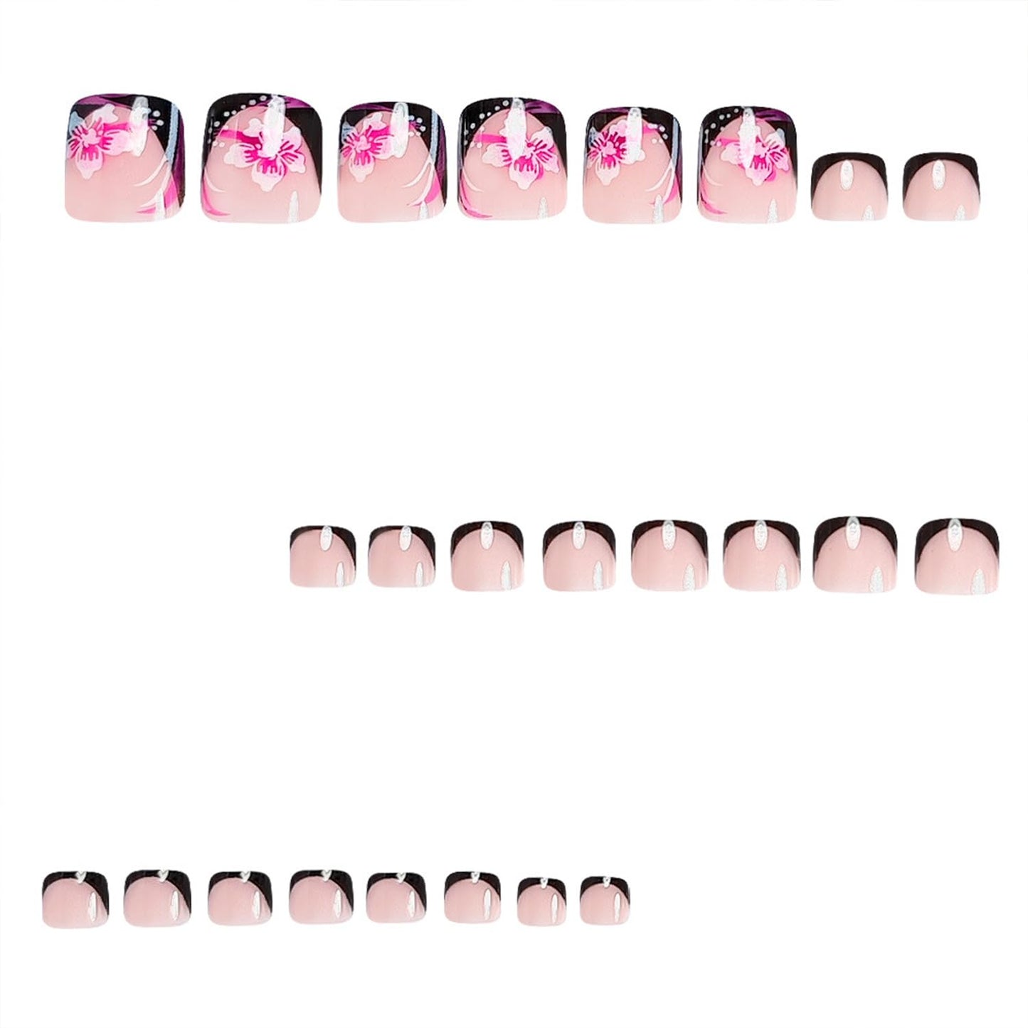 Flower Press on Toenails Summer False Toenails Black French Tip Toe Nails Reusable Full Cover Toe Nails for Women