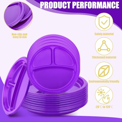 Umigy 100 Pcs 10 Inch 3 Compartments Divided Plastic Plates Bulk Colorful Disposable Heavy Duty Round Dinnerware for Party Valentine Wedding Birthday(Purple) - color: Purple