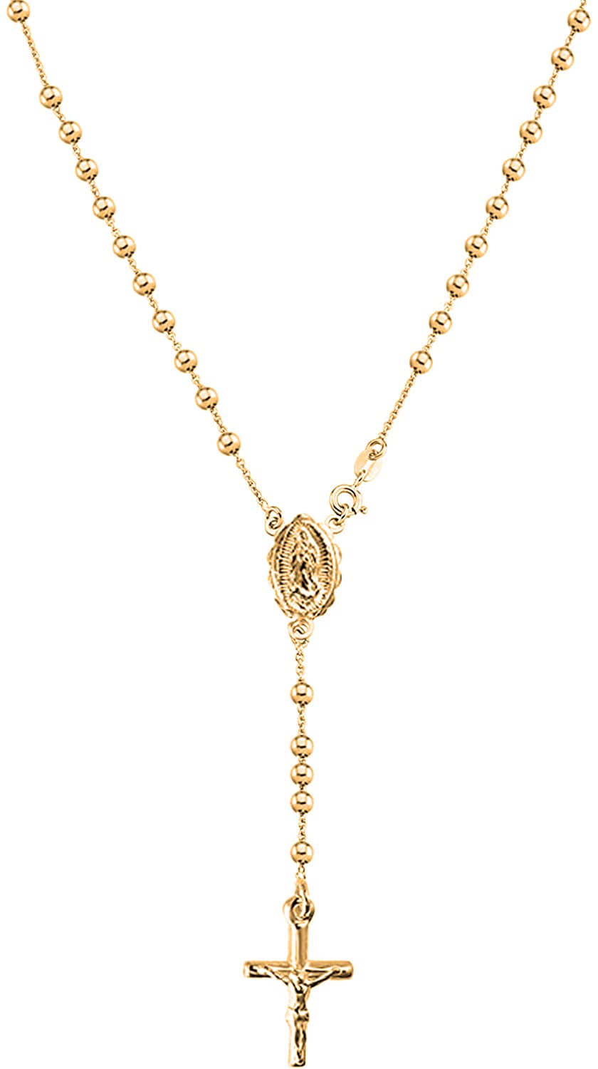 Savlano 925 Sterling Silver Italian Solid Bead Chain Cross & Rosary Virgin Mary Pendant -18K Gold Plated Y Necklace Comes With Gift Box for Women - Made in Italy (24, 4mm)