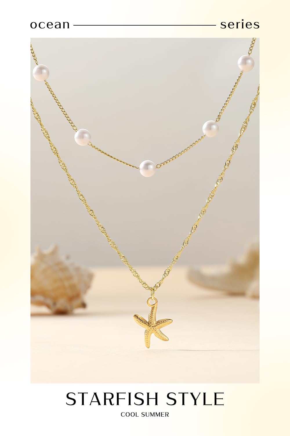 Beach Layered Starfish Necklace for Women, 14K Gold Plated Shell Conch Seashell & Pearl Charm Pendant, Dainty Coastal Summer Vacation Jewelry