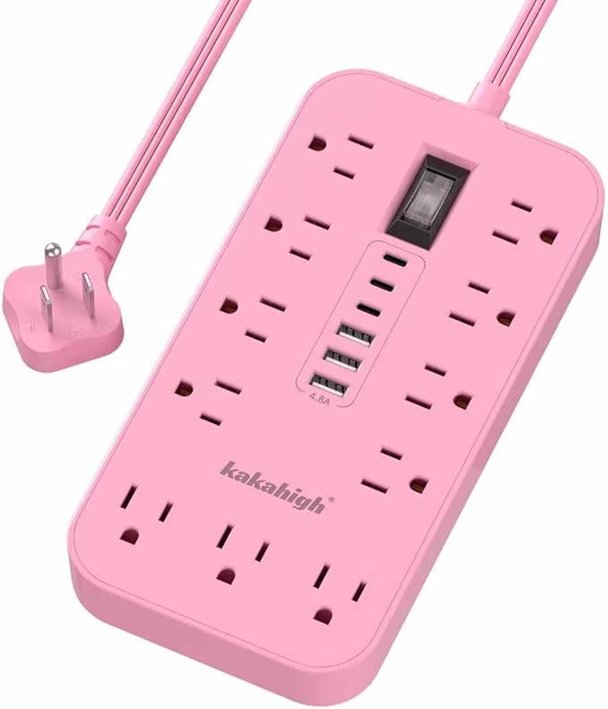 Pink Extension Cord with Multiple Outlets- 5 FT Kawaii Power Strip, Cute Extension Cord with 11 AC Outlet 6 USB (24W/4.8A), Charging Station for Cute Pink Kawaii Desk Home Room Decor Essentials Gifts
