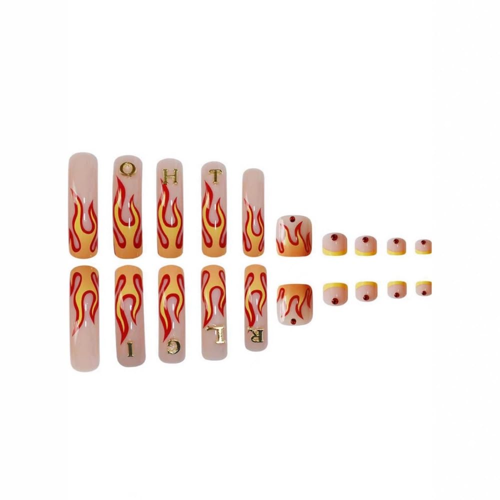 48Pcs Curved Press on Nails Orange Red Flame Press on Toenails Long Fake Nails with 5D Letters Charm Design Glossy Rhinestones Fake Toenails Glossy Full Cover Nails Press on Set for Women Manicure