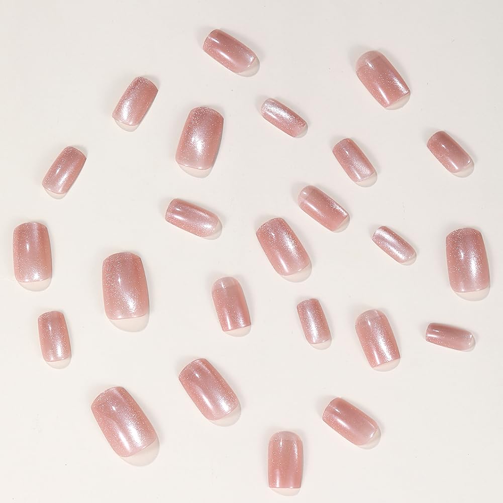 Christmas Pink Press on Nails Medium Fake Nails 24Pcs Square with Sparm Cat Eye Designs Acrylic False Nail Press ons Artificial Stick on Nails for Xmas Valentines Women Girls Manicure