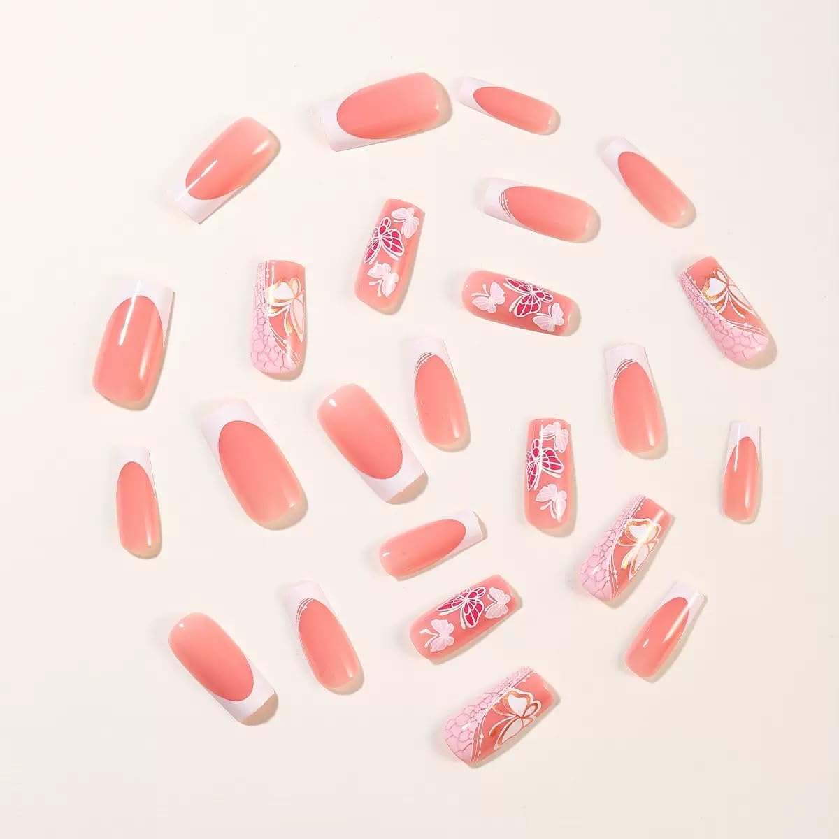 CTTHNBD Press on Nails Square - Medium, White French Tip Fake Nails - with Butterfly Design Stick on False Nails for Women - 24 Pcs