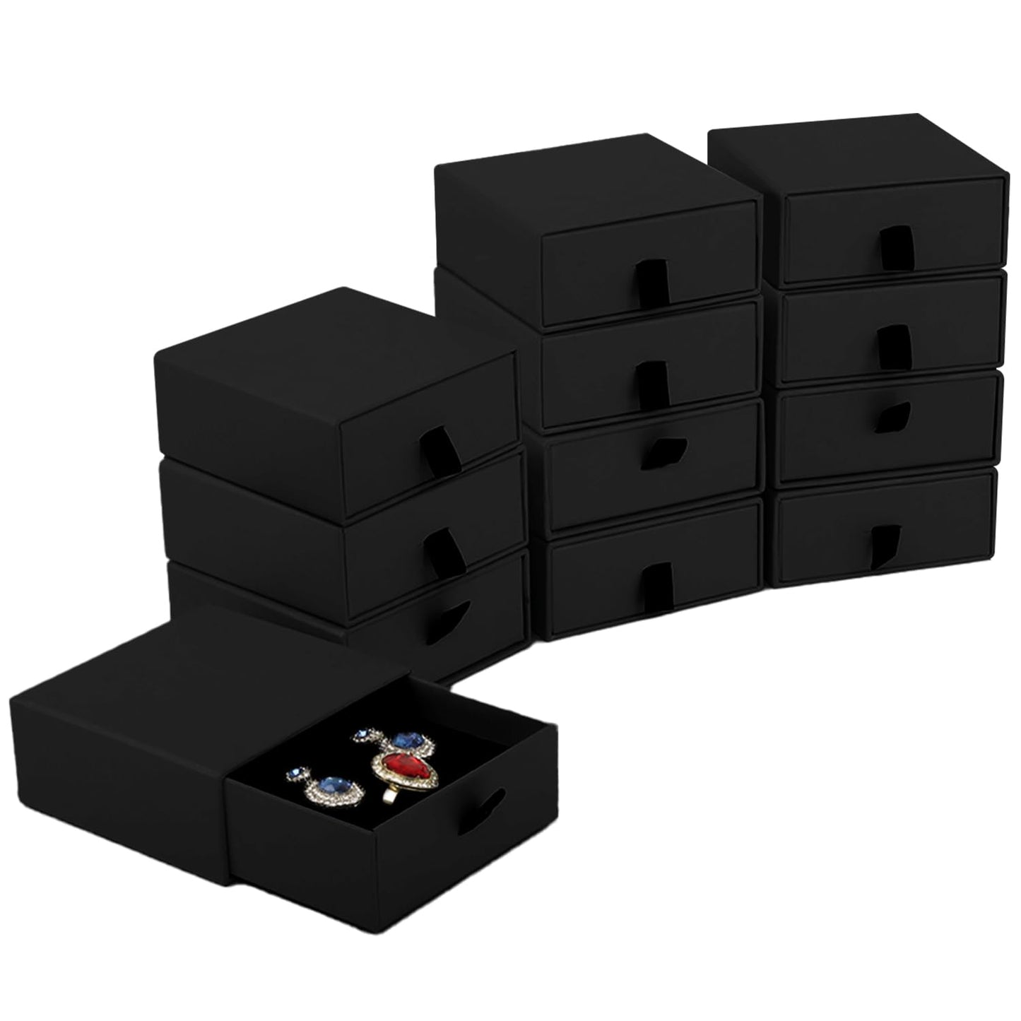 Nsmykhg Jewelry Gift Box Velvet-Lined,12 Pack Compact Drawer Style for Earrings & Rings, Necklace & Bracelet Organizer, 3.93x3.93x1.65 Inches, Stackable Elegant Jewelry Display & Storage Box (Black)