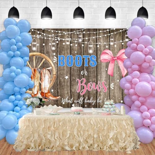 Sensfun Boots or Bows Gender Reveal Backdrop Boy or Girl Baby Shower Party Decorations Rustic Wooden Cowboy Boots Pink Bow Photography Background Western Gender Reveal Banner Photo Booth Props 8x6ft - size: 8x6ft