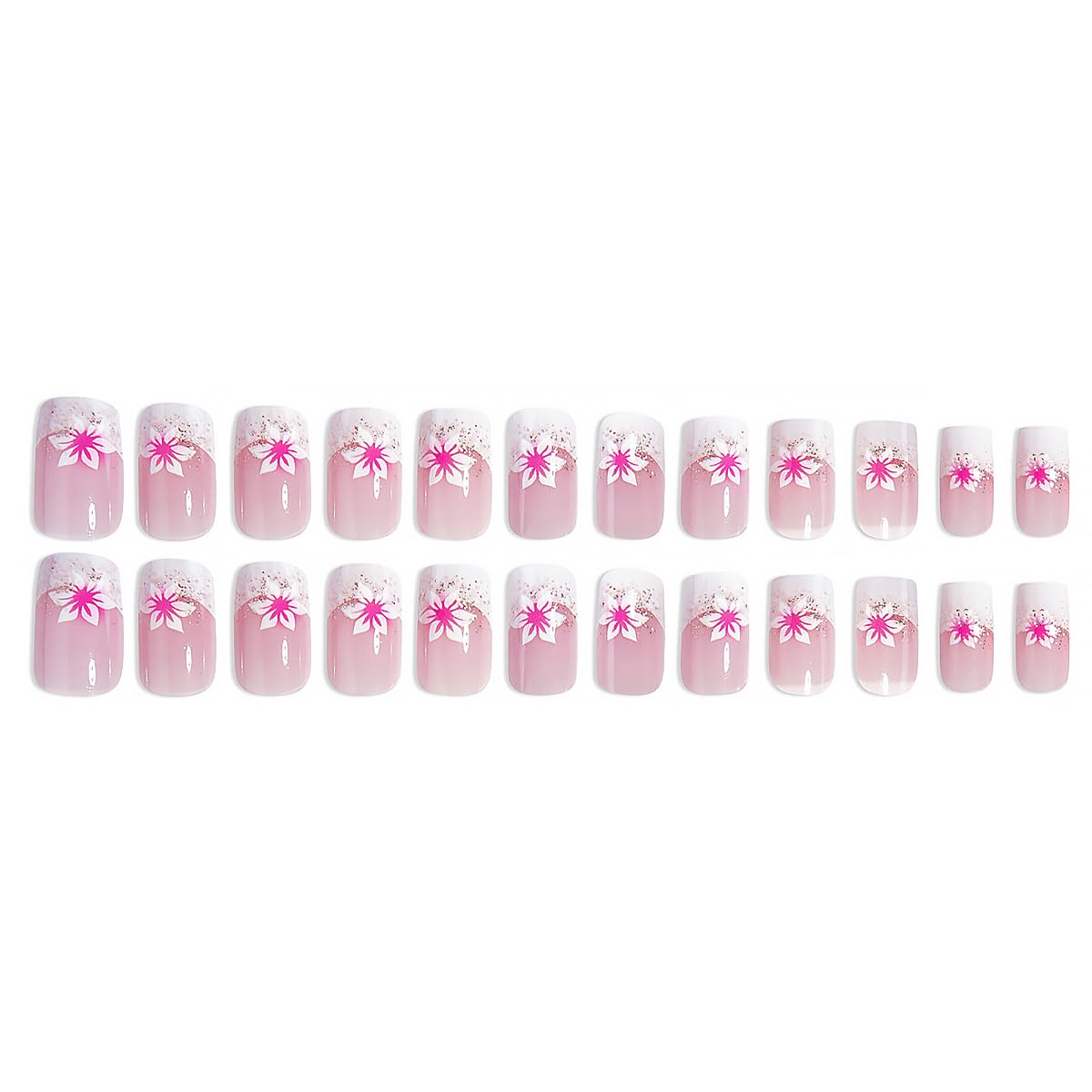 24pcs French Tip Press On Nails - Short Square Pink Flower Fake Nails with Full Coverage, Tip Glue on Designs for Women & Girls