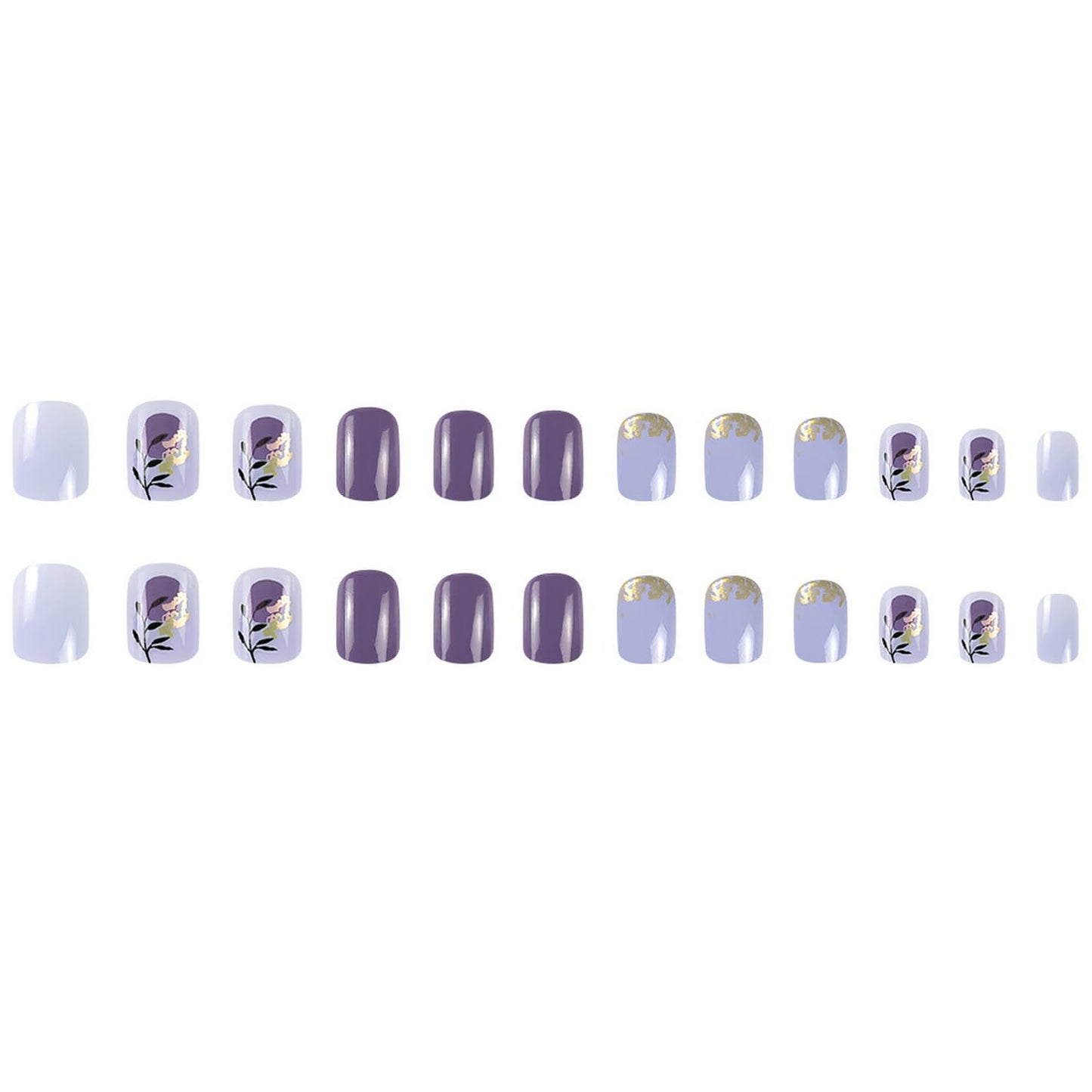 24pcs Purple Press on Nail Short Square Fake Nails with Leave designs Gold Foil Acrylic Artificial Stick on Nail Glossy Full Cover Spring False Nails Reusable Glue on Nails for Women Summer