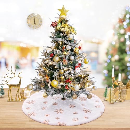 White Christmas Tree Skirt 24 Inch Small Faux Fur Rose Gold Snowflake Tree Skirt for Holiday Xmas Party Home Decorations
