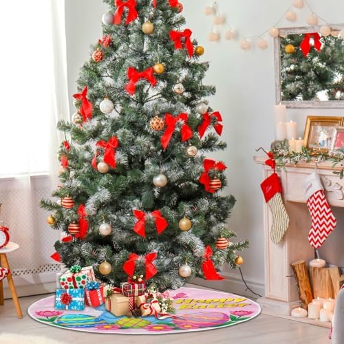 Blue Bunny Easter Eggs Christmas Tree Skirt 47.2 Inches Pink Flowers Butterflies Rabbit Xmas Tree Skirts Floor Door Mat Decorations for Holiday Party Indoor Outdoor Home Office Christmas Day Ornaments
