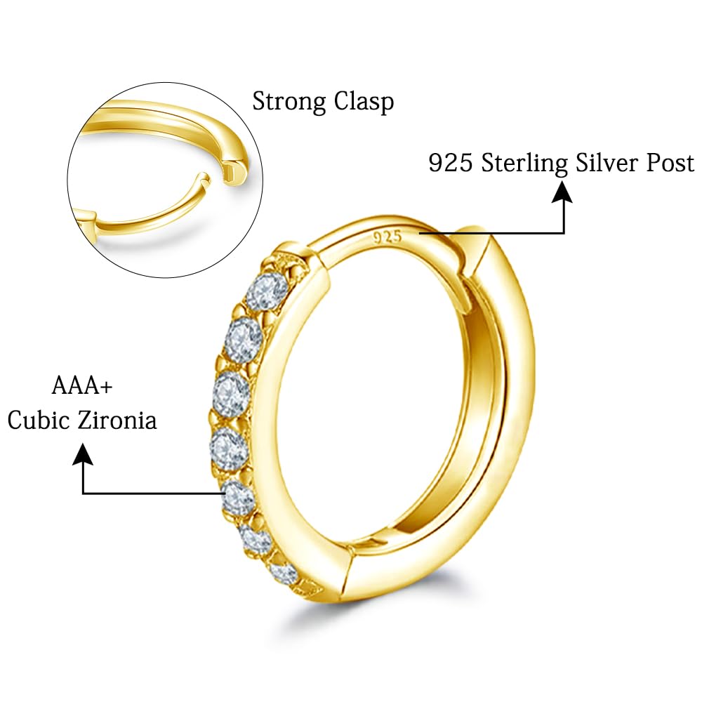 Cartilage Earring Hoop Sterling Silver Small Hoop Earrings Gold Plated Cubic Zirconia Cuff Huggie Hoops Earrings Piercing for Women 8mm 10mm 12mm