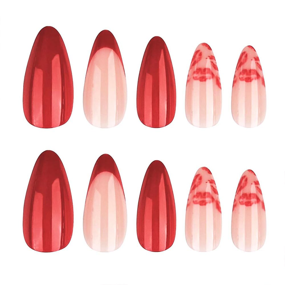FJSMTOPl Valentine's Day Press on Nails - Red Fake Nails - Almond False Nails Press ons - Lips Acrylic Glue on Nails - Artificial Stick on Nail for Women Manicure 24 Pcs