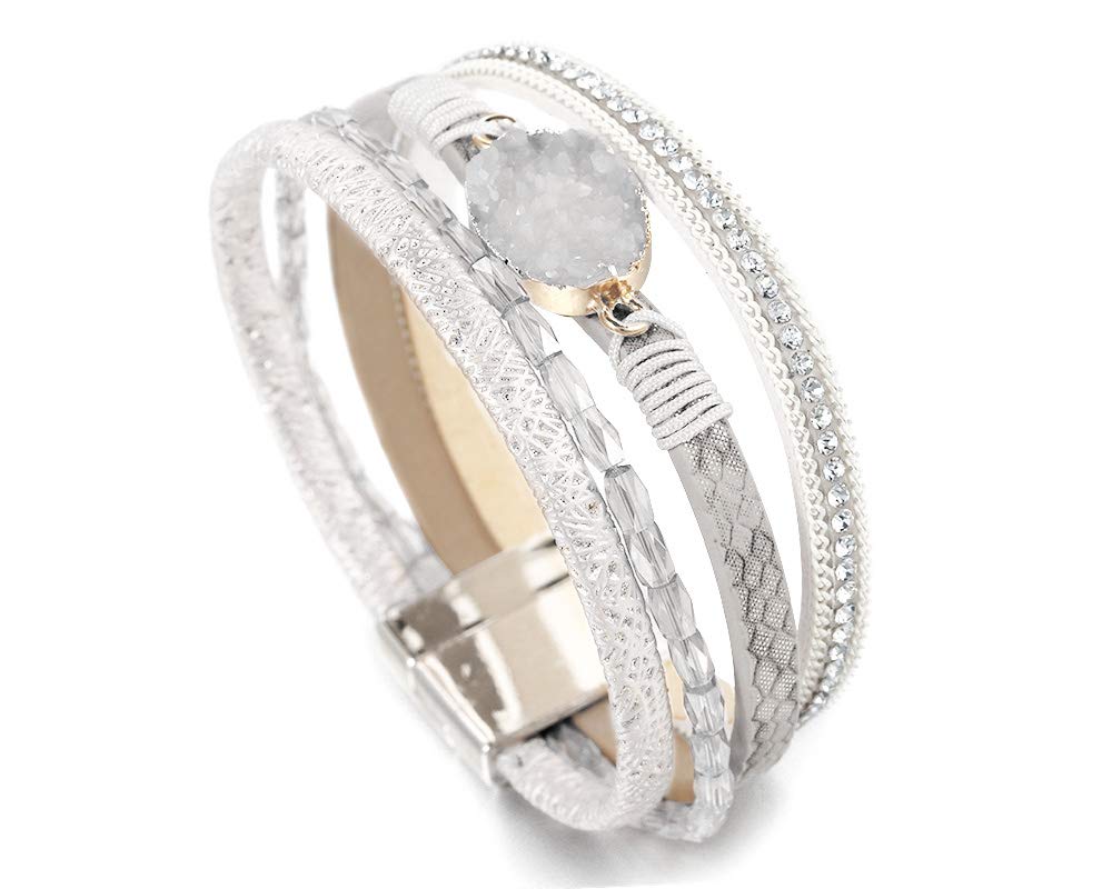 Fesciory Leopard Bracelet for Women, Boho Leather Wrap Multi-Layer Pearl Crystal Bracelet Bangle Jewelry(White Stone(Short))