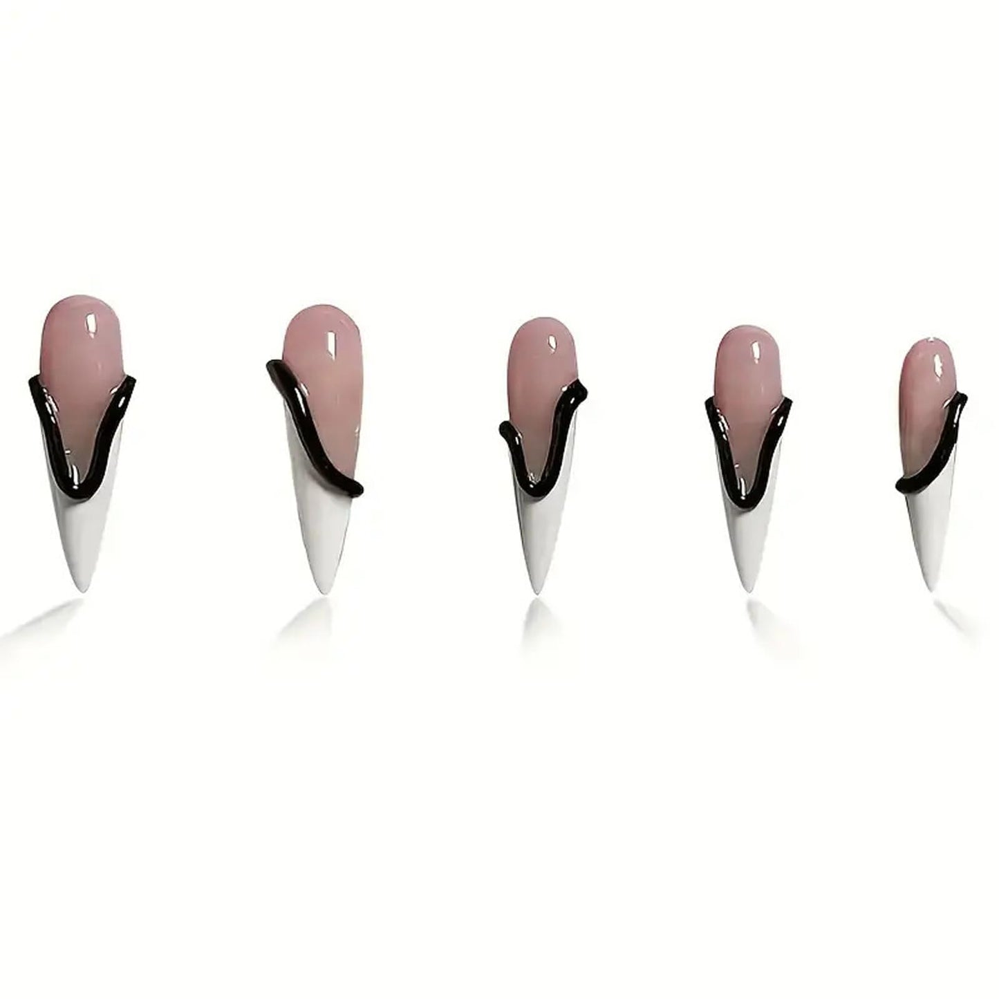 IMSOHOT Press on Nails Long Stiletto Fake Nails Black White French Tips False Nails with 3D Line Designs Glossy Full Cover Artificial Acrylic DIY Glue on Nails