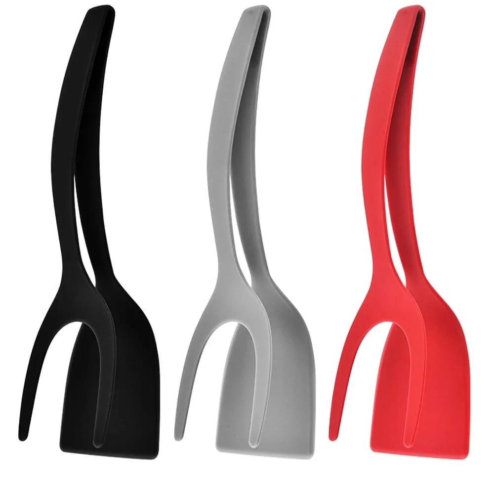 Generic 3 Colors (Grey,Black,Red) 2 in 1 Spatula and Tongs for Coking Turne,Egg Omelette Spatula Flipper,Fish tong, Pacake spatula, Combo Thin Head,Useful Kitchen Accessories (Grey), Medium, Gray