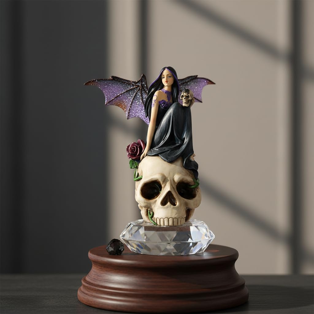 Comfy Hour 7" Dark Fairy Sitting on Skull Figurine, Gothic Fantasy Statue with Mystical Wings, Unique Home Office Desktop Decor Accent, Polyresin Artisan Crafted Sculpture, 1 Unit
