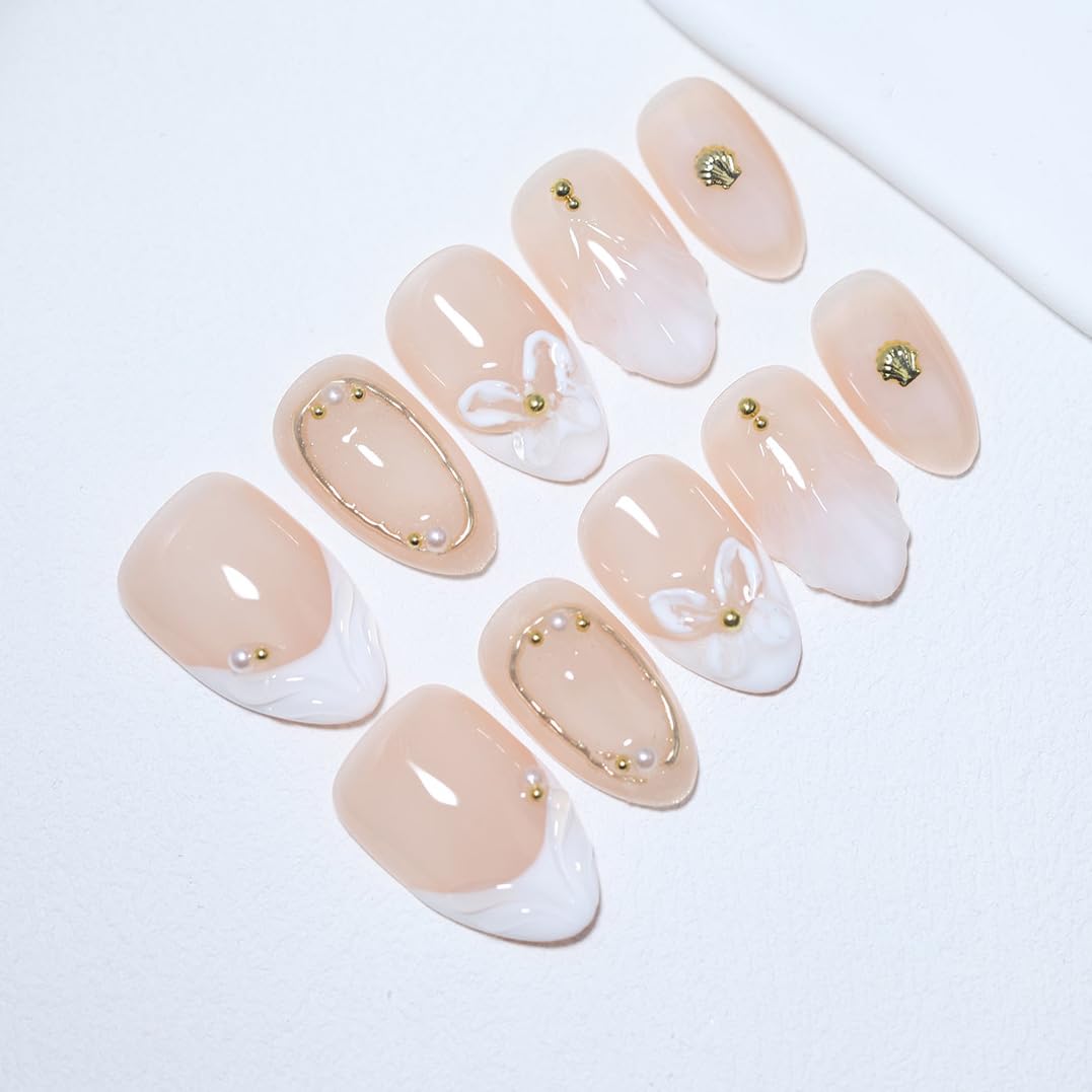 10 Pcs Short Almond Handmade Press On Nails | Nude French Tip with 3D Butterfly Floral Wave & Gold Pearl Shell Accents | Reusable, Easy to Apply & Remove, Salon-Quality Manicure (RR12, M)