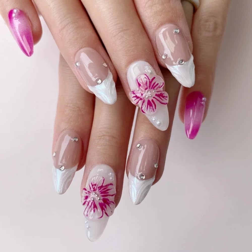 Small Press On Nails - Handmade 3D False Nails Pink Medium Almond 10 Pcs Reusable ABS Material Finger Painting Nail Tip French Salon Design-S size