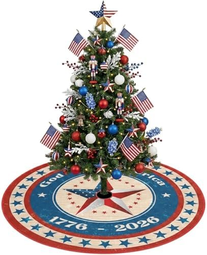 M YESCUSTOM USA 250th Anniversary Patriotic Tree Skirt 48 Inch 4th of July Stars and Stripes Christmas Tree Skirt Ornaments Memorial Day Beach Party Decoration