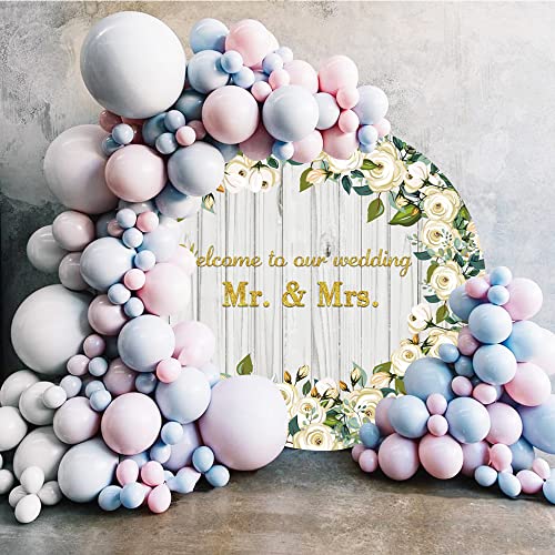 Yeele 7.5x7.5ft Mr & Mrs Wedding Round Backdrop Wooden Texture White Rose Floral Photography Background Bride and Groom Engaged Ceremony Anniversary Bridal Shower Party Supplies Photo Booth Props - size: 7.5x7.5ft-Diameter