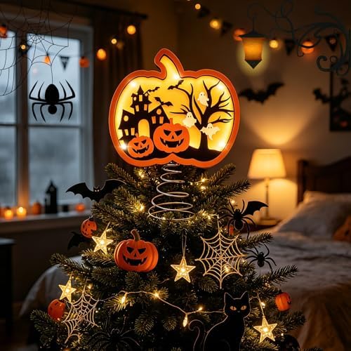 Halloween Pumpkin Tree Topper 9" 3D Pumpkin Ghost Light Shadow Box