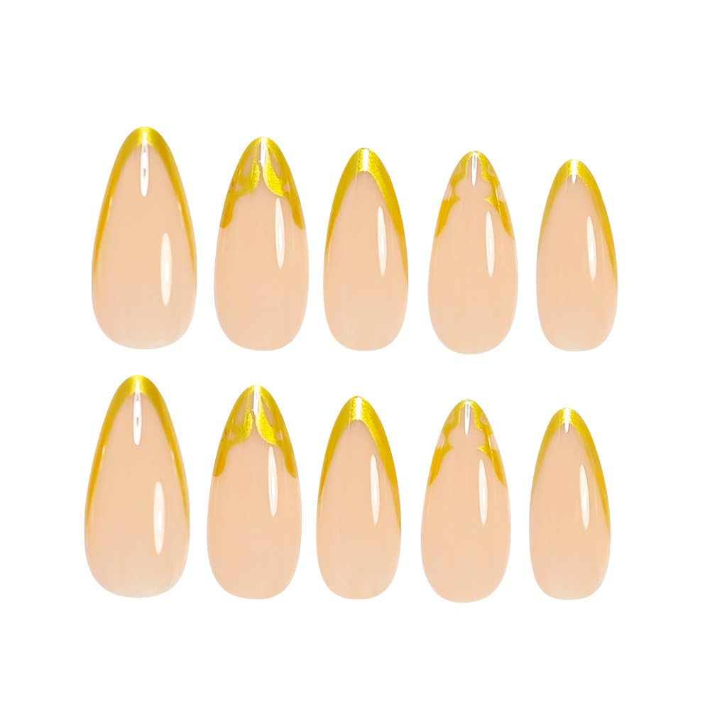 Press on Nails Almond - French Tip Fake Nails with Gold Line Design - Medium Fasle Nails Press ons - for Women 24 Pcs