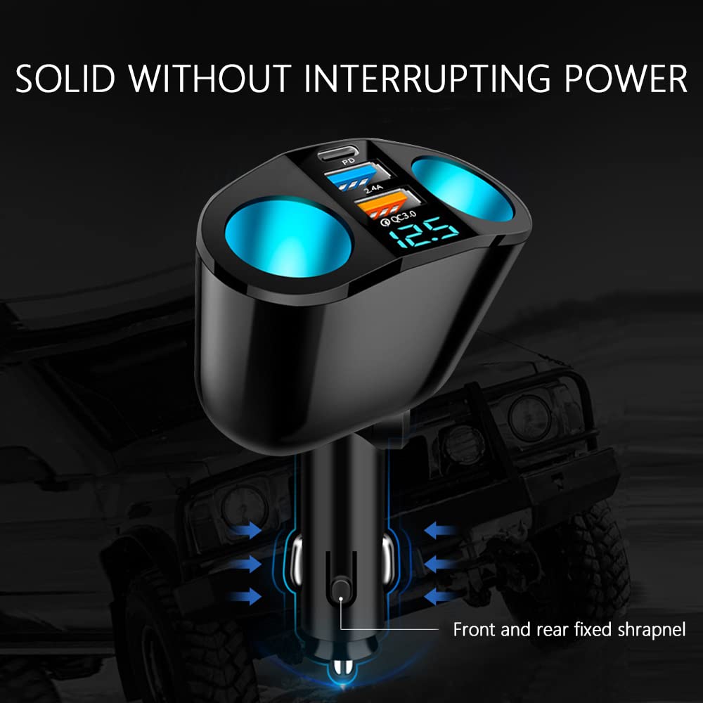 5 Port Cigarette Lighter Splitter,QC3.0&PD 20W Super Fast Car Charger with Dual Cigarette Lighter Plug with LED Voltmeter Compatible with iPhone 15 Pro iPad Dash Cam GPS (PD+QC+2.4A) 2Pcs