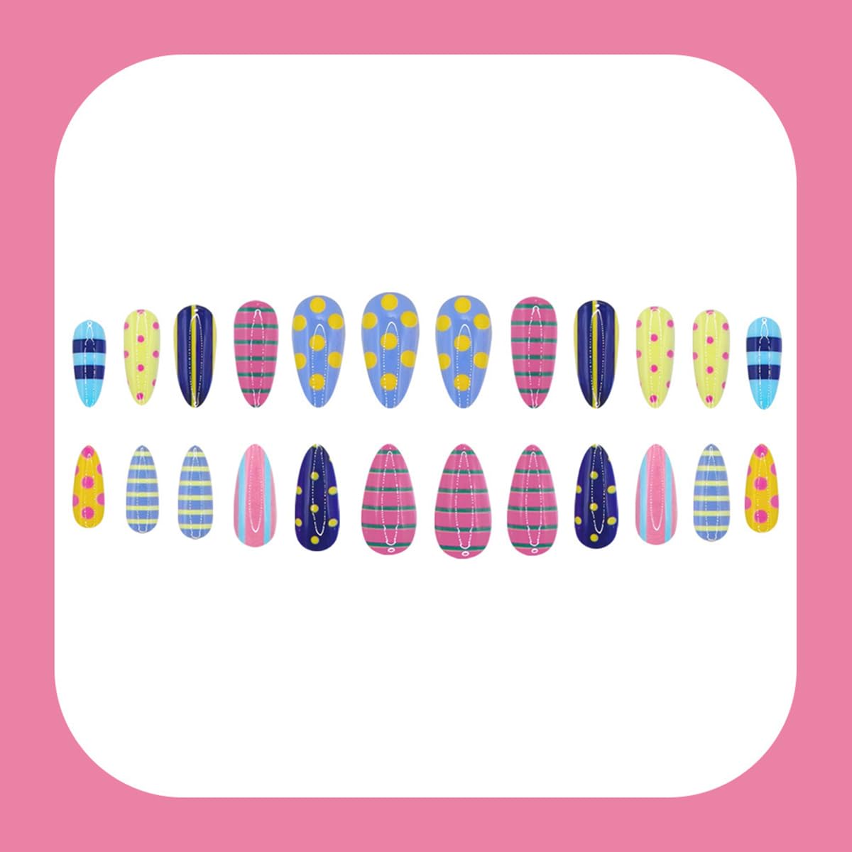 24 Pcs Summer Press on Nails Medium Almond WLGDLH Fake Nails, Multicolor False Nails Press ons with Striped Polka Dots Design, Cute Glue on Nails Full Cover Stick on Nails for Women Manicure