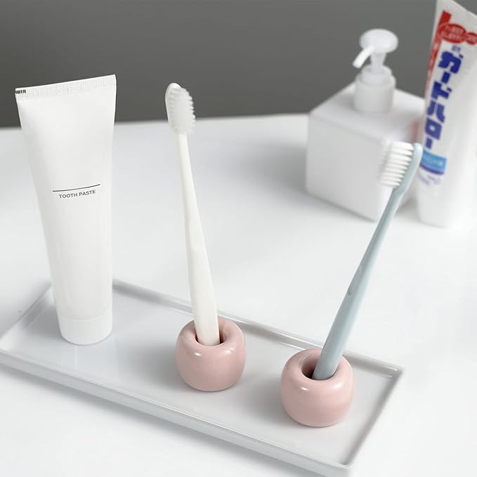 Mini Ceramic Couple Toothbrush Holder, Hand-Made Bathroom Toothbrush Holder, Electric Toothbrush Head Holder and Office Pen Holder 2-Piece Set (Pink)