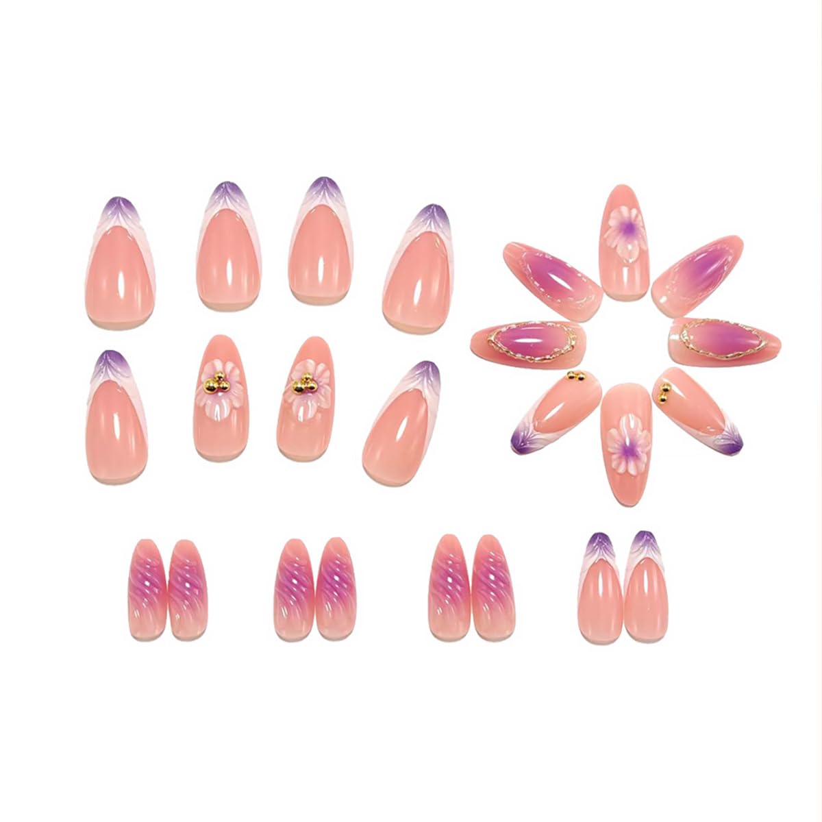 24Pcs Purple Flower Press on Nails Medium Almond Fake Nails French Tip False Nails with 3D Rhinestones Design Gilding Full Cover Artificial Glue on Nails Spring Acrylic Stick on Nails for Women DIY