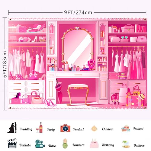 HANYING Pink Princess Cloakroom Backdrop,9x6ft Cartoon Girly Vanity Table Makeup Photography Background,Girls Birthday Baby Shower Photo Backdrop,Portrait Studio Props,HY0136YL - size: 9x6ft