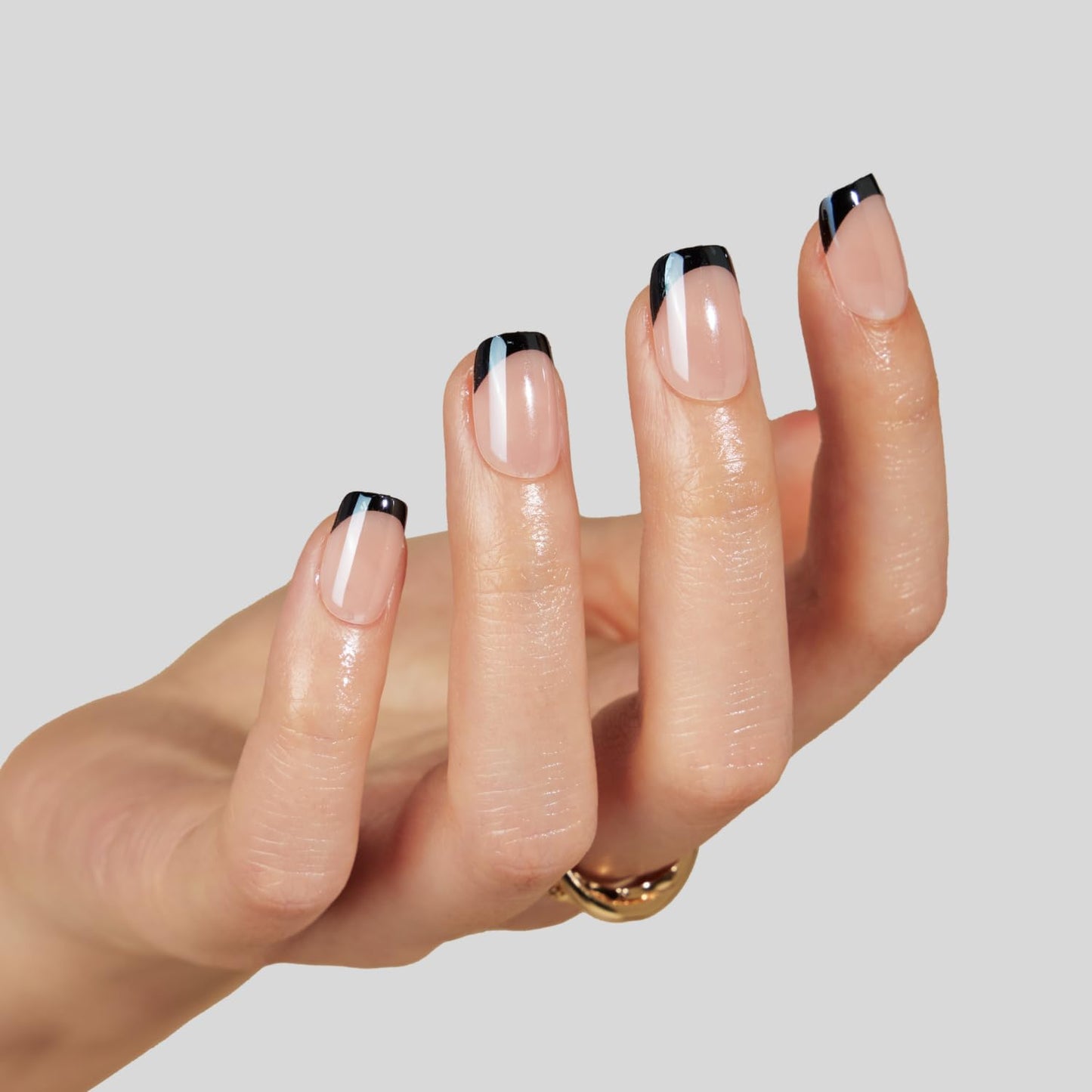 LAMIMOSA 32Pcs Black French Tip Press on Nails Short Square - Soft Gel Fake Nails in 16 Sizes, Reusable Glue on Nails Kit in Glazed Finish, Chrome False Nails, CAVIAR GLAZE