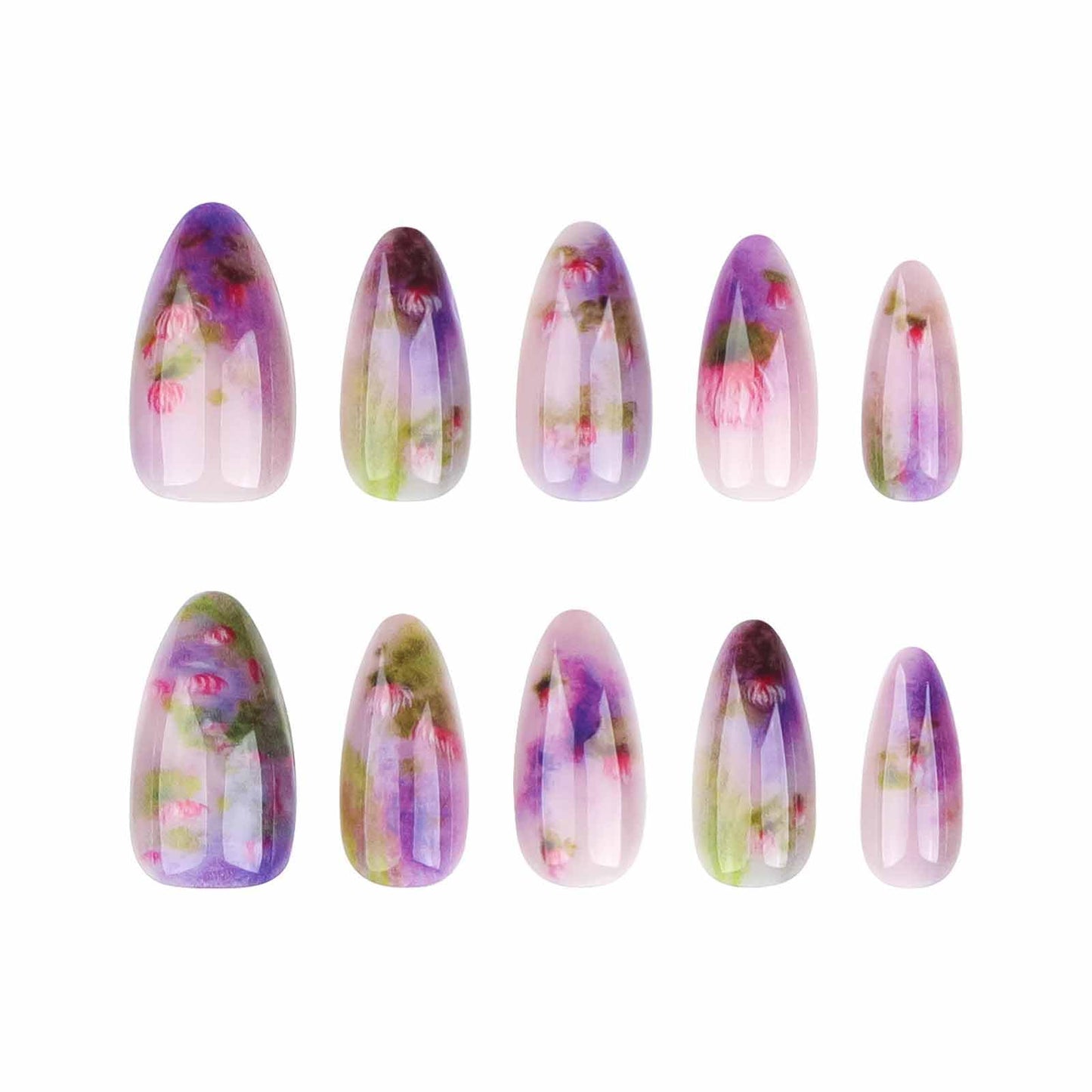LBPEPAMZ 24Pcs Purple Press on Nails Medium Almond Fake Nails Purple Ombre Tips Full Cover Glossy Acrylic Nails False Nails Summer Lotus Lavender Stick on Nails Pink Flower Glue on Nails for Women