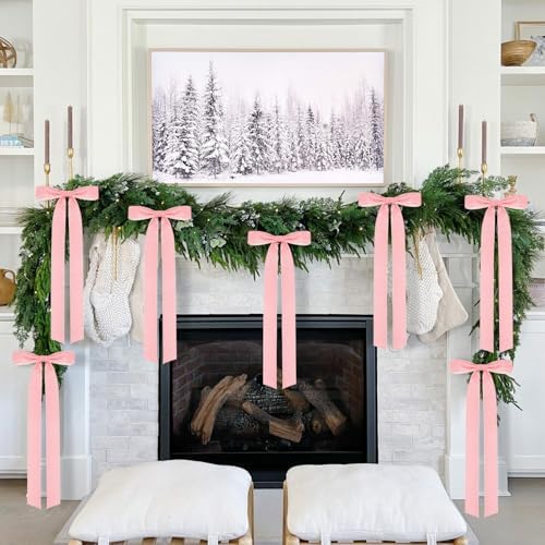 Velvet Bows for Christmas Tree Pack of 4 Large Rustic Crafts Gift Wreath Bow Ornaments for Xmas Topper Staircase Home Wedding Outdoor Interior Decor, 2" Width, 23 x 8.7 Inch (4, Pink)