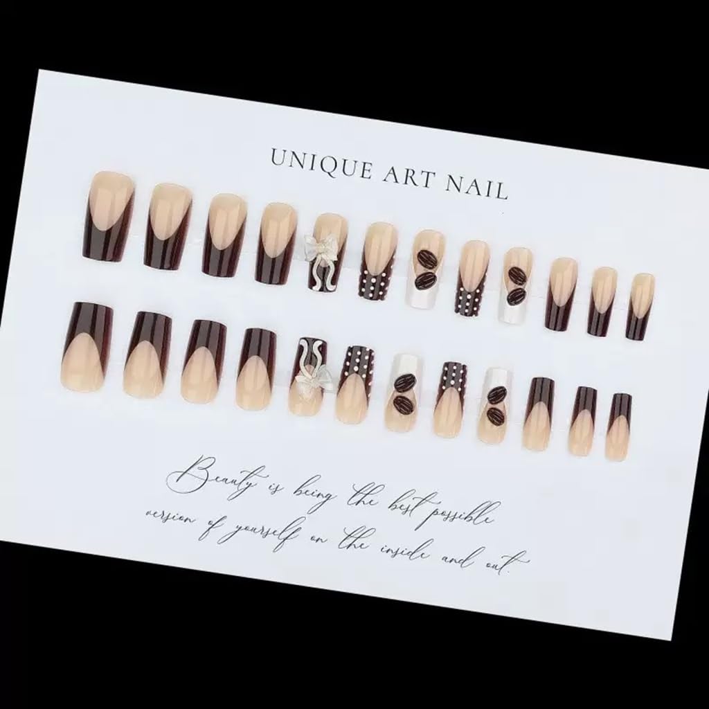 French Tip Press on Nails Medium - Square Fake Nails with Bow Design - Polka Dot, Brown False Nails Press ons - for Women 24 Pcs