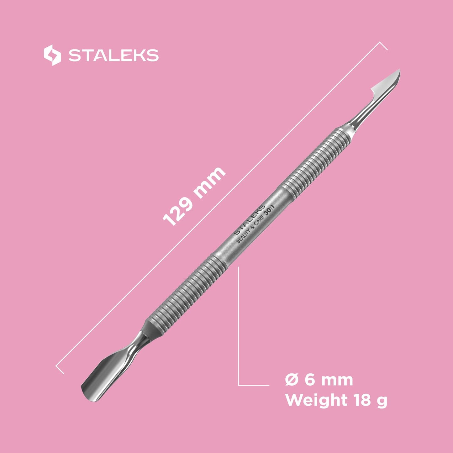 Staleks Beauty & Care Manicure Pusher 30 Type 1 – Dual-Ended Cuticle Pusher and Hatchet-shaped Cleaner – Stainless Steel Tool for Home Use