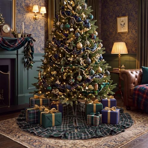 48 Inch Plaid Christmas Tree Skirt with Ruffle, Blue Green