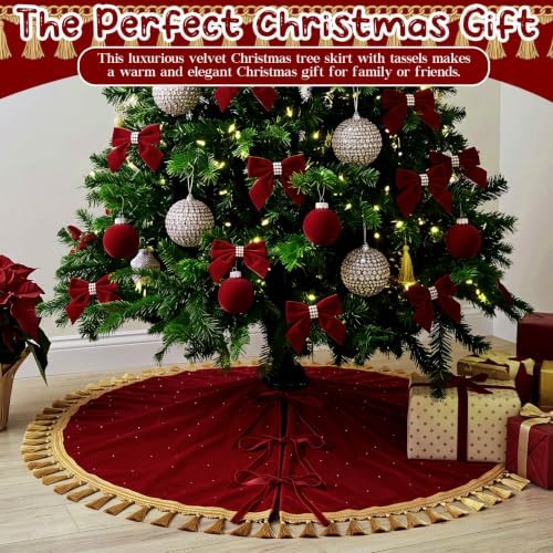 Roowest 48 Inch Burgundy Christmas Tree Skirt Velvet, Round