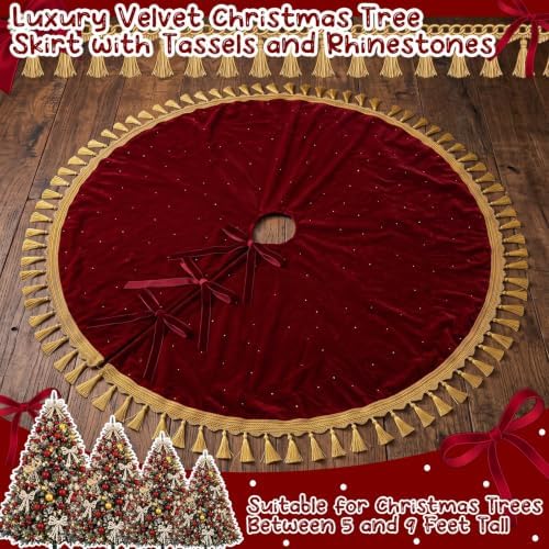 Roowest 48 Inch Burgundy Christmas Tree Skirt Velvet, Round