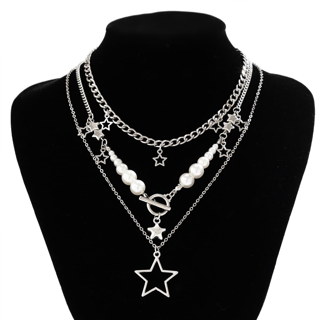 Stringex Layered Silver Y2k Star Pendant Necklaces Set for Women Stackable Stars Pearls Choker Necklace Adjustable Toggle Chain Necklaces Jewelry Accessories