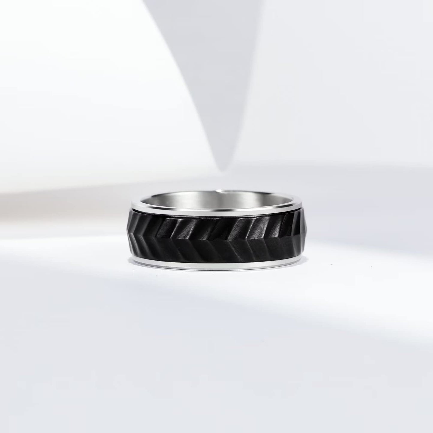 King Will Mens Black Silver 8mm Spinner Rings Tire Thread Stainless Steel Anxiety Fidget Ring for Men Tire Stripe Groove Spinner Ring 12