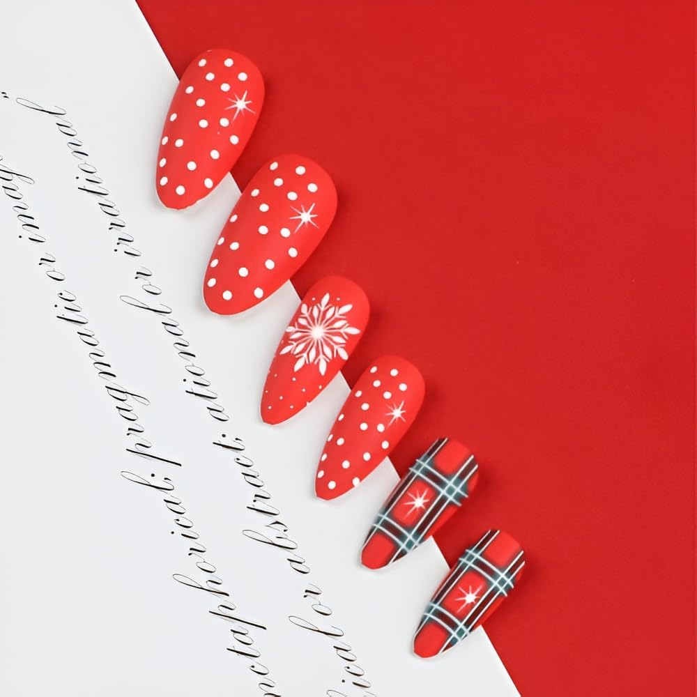 Almond Christmas Press on Nails Medium Red Fake Nails with White Snowflake Design Matte Christmas False Nails Acrylic Nails Full Cover Glue on Nails Stick on Nails for Women and Girls