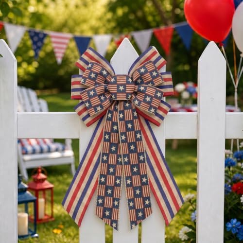 Large 4th of July Patriotic Wreath Bow USA 250th Anniversary Ribbon Bows for Wreaths, Stars and Stripes Tree Topper Bow Red White and Blue Decor Bows for Home Indoor Outdoor Wreath Ornament (Style B)