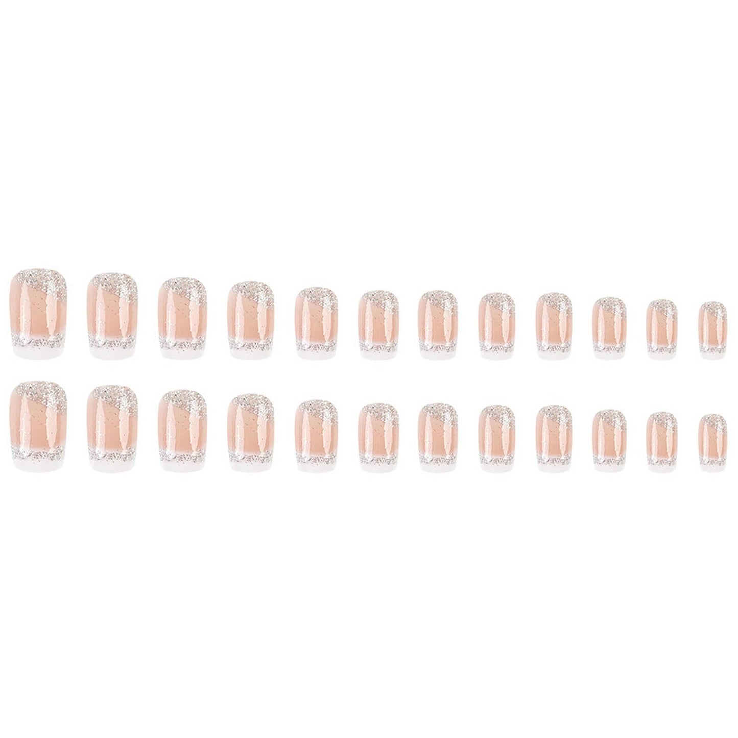 Square Press on Nails White French Tip Nails Press ons Medium Fake Nails with Silver Glitter Designs False Nails Ombre Glossy Artificial Nail Acrylic Glue on Nail for Women Girls 24Pcs
