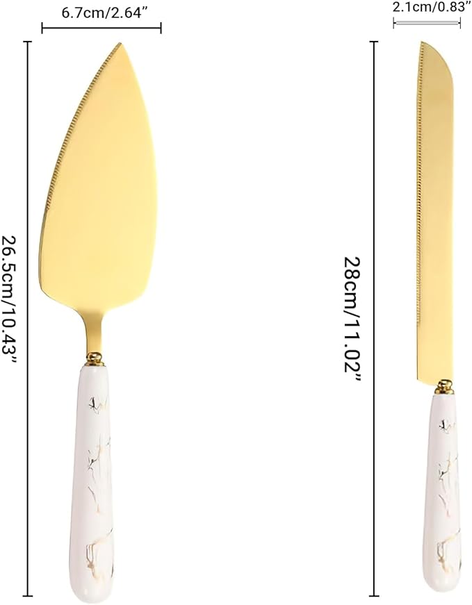 Personalized Gold Wedding Cake Knife and Server Set - Custom Engraved Stainless Steel Cake Pie Pastry Servers Cutter Set with Marble Pattern, Elegant Gift for Wedding Anniversary Birthday Christmas
