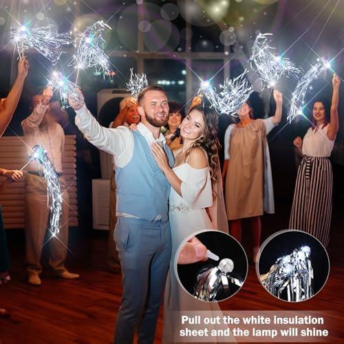 48 Pcs Lighted Wedding Wands LED Tinsel Wands Streamers Wedding Sparklers Send Off Light Sticks for Reception Birthday Exits Baby Shower Concert Christmas Party Favors(Silver)
