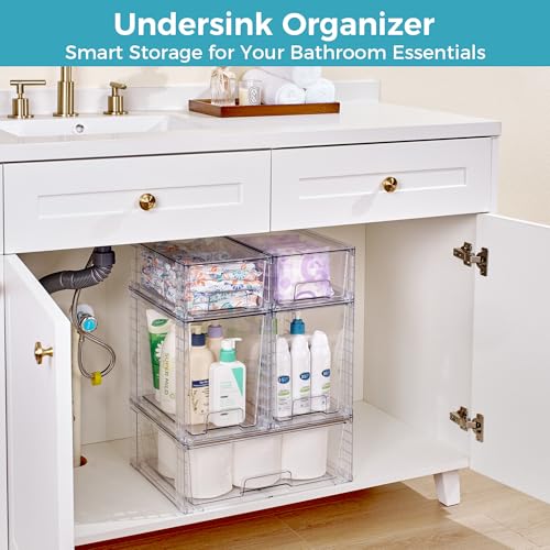 Vtopmart 6 Pack Clear Stackable Storage Drawers,Easy to Assemble Baby Bottle with handles,Plastic Drawers for Kitchen Pantry,Cabinet,Under Sink Organization - style: 1 Wide+2Large+2 Small