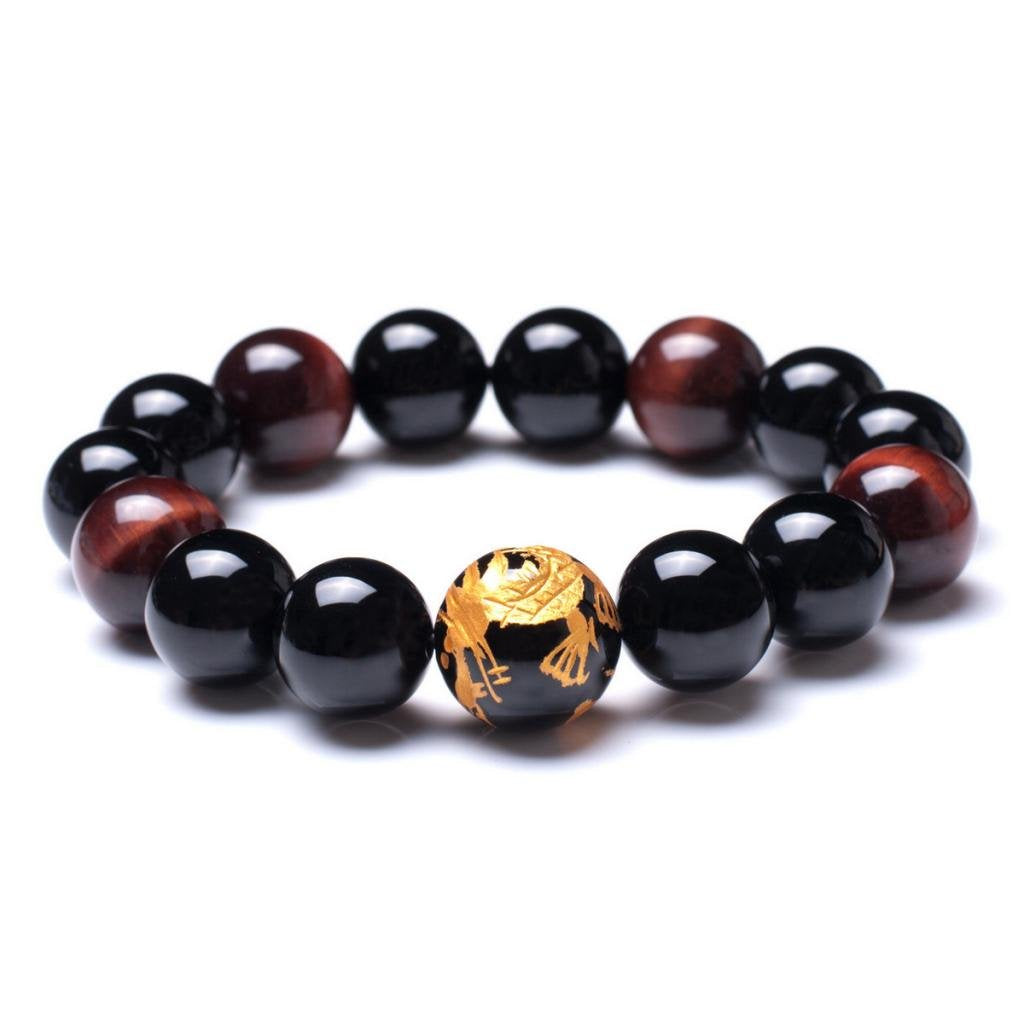 16mm Yellow Tiger Eye Stone Dragon Pattern Bold Wrist Bracelets, Natural Lava Rock Black Beads Elegant Design Bracelets for Men, Charming Crystal Black Men's Bracelet Beads Set for Layered Looks